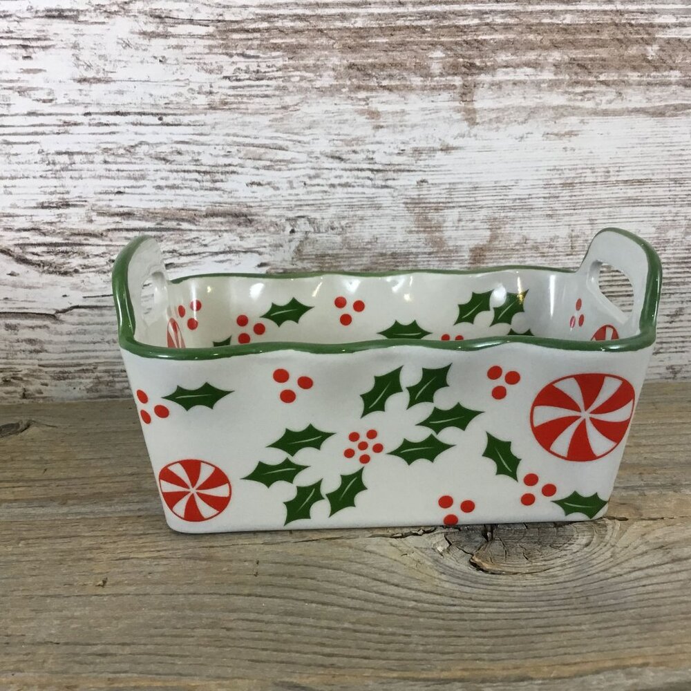 Temp-Tations 12 Oz Ceramic Holiday Mini Loaf Pan w/ Handles Holly & Peppermint